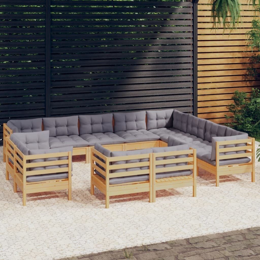 The Living Store 12-tlg. Garten-Lounge-Set mit Grauen Kissen Massivholz Kiefer