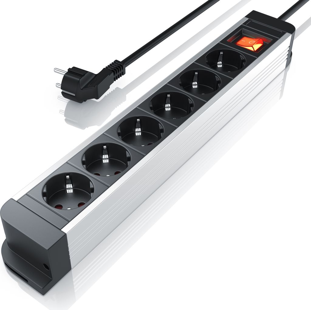 A power strip with multiple outlets and a switch, shown from a diagonal angle on a white background.