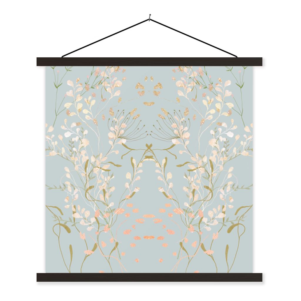 MuchoWow Textilposter Blau - Design - Blumen - Pastell 90x90 cm mit schwarzem Rahmen - Magnetisches