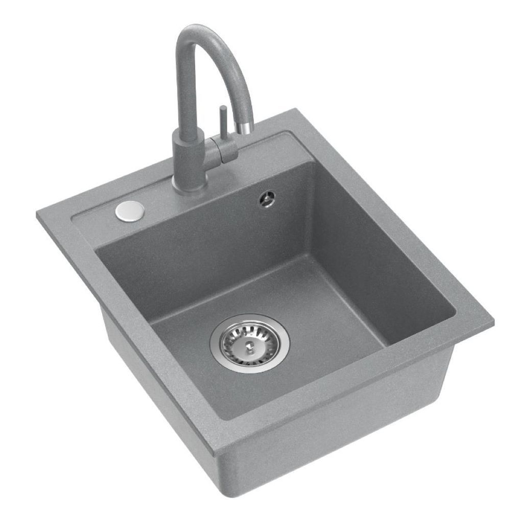 QUADRON Spülbecken Granitspüle Küche | Größe: 43x50x20 cm, Farbe: Silver Stone | JOHNNY 100 Küchenspüle Einbeckenspüle Set: Granitspüle + ...