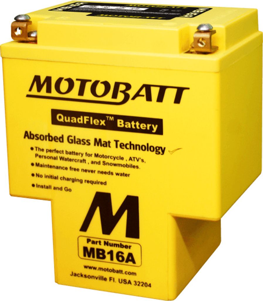 A yellow Motobatt QuadFlex battery with black text and markings.