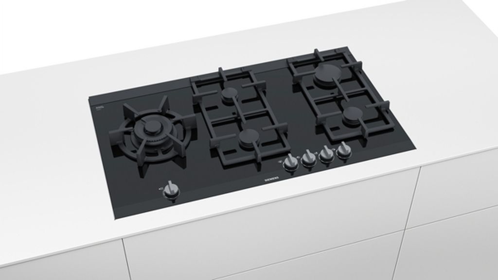 Siemens iQ700, Gaskochfeld, 90 cm, Glaskeramik, Schwarz ER9A6SB70 Einbau Schrägansicht