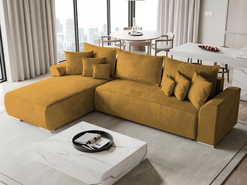 BroMARKT Ecksofa SYDNEY mit Schlaffunktion Bettkasten Kissen Couch Sofa L-Form, Senfgelb