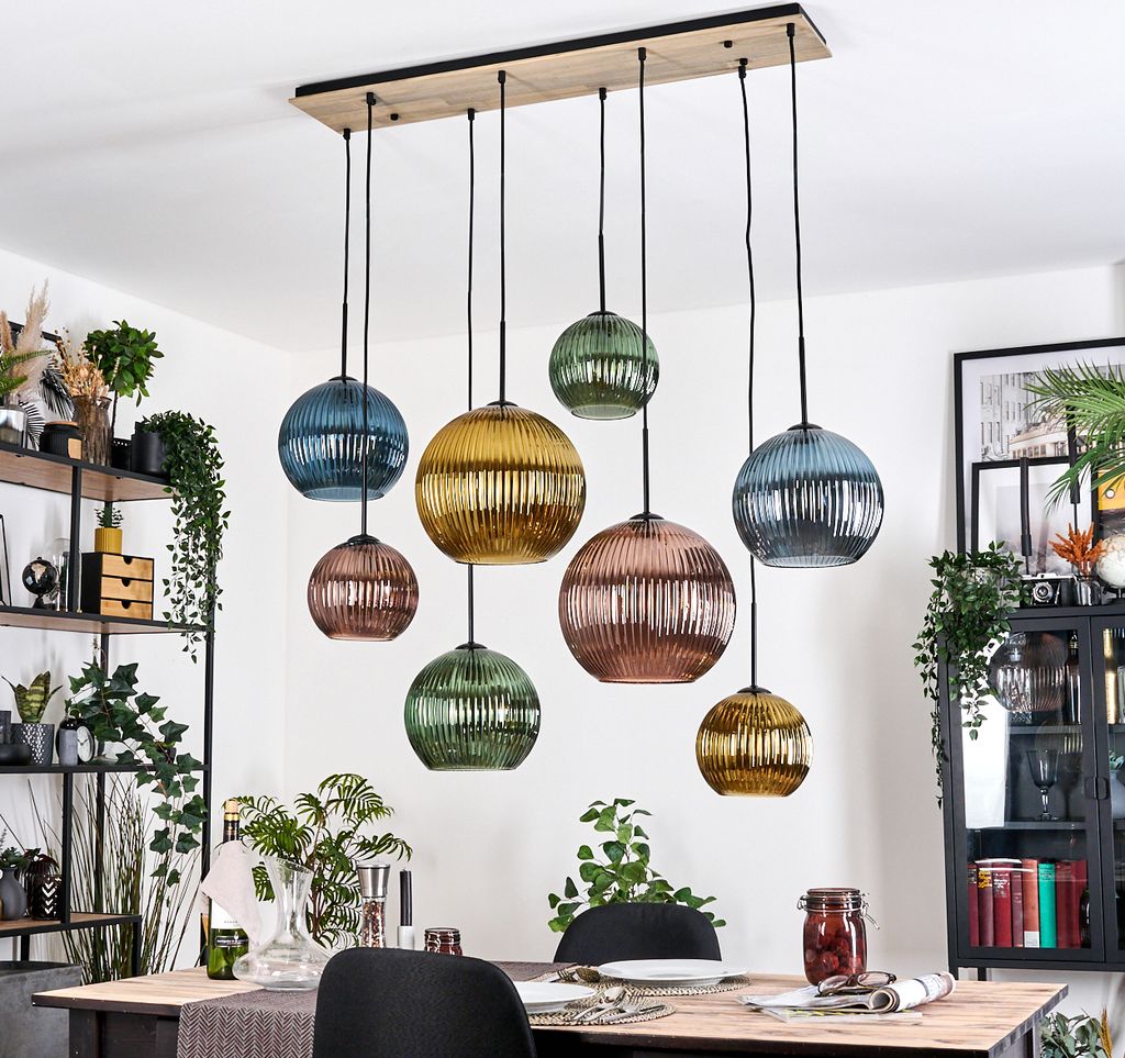 Cesaro Hängelampe Metall/Holz/Riffelglas, Schwarz/Natur/Grün/Blau/Gold/Kupfer