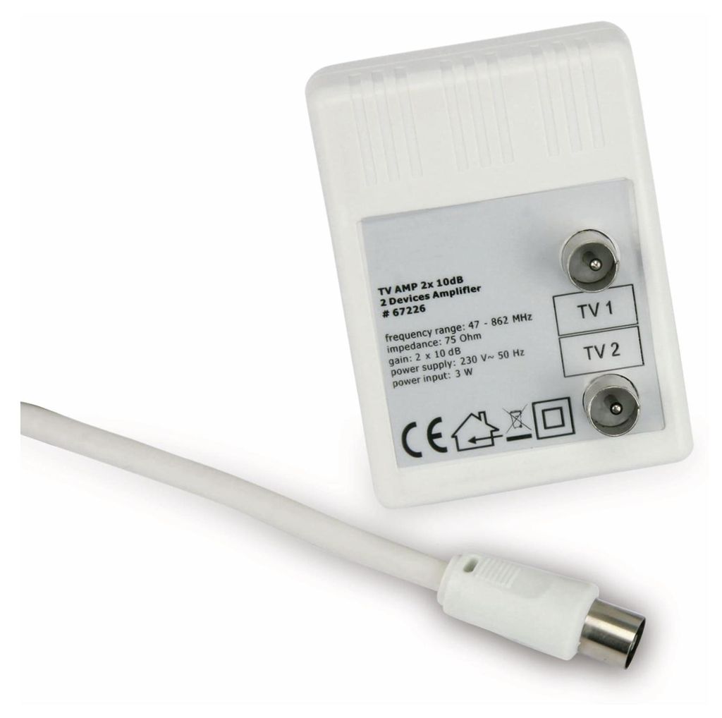 A white TV amplifier with a white cable attached, shown on a white background.