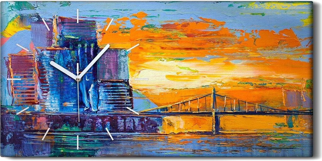 Wanduhr Bürouhr Leinwand Bild 60x30 Abstrakte Malerei Stadtlandschaft - weiße Hände