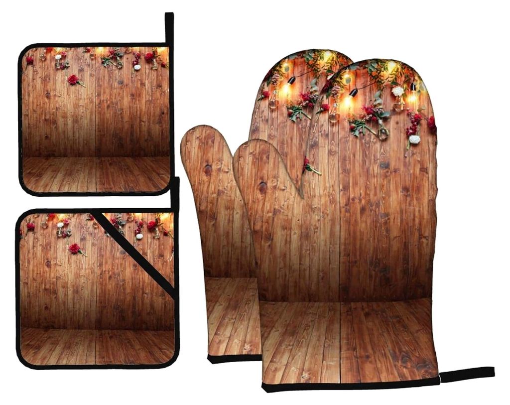 Ofenhandschuhe und Topflappen-Set, hitzebeständig, rutschfest, 4 Stück, für Backen und Grillen, Blumenmuster auf Holz