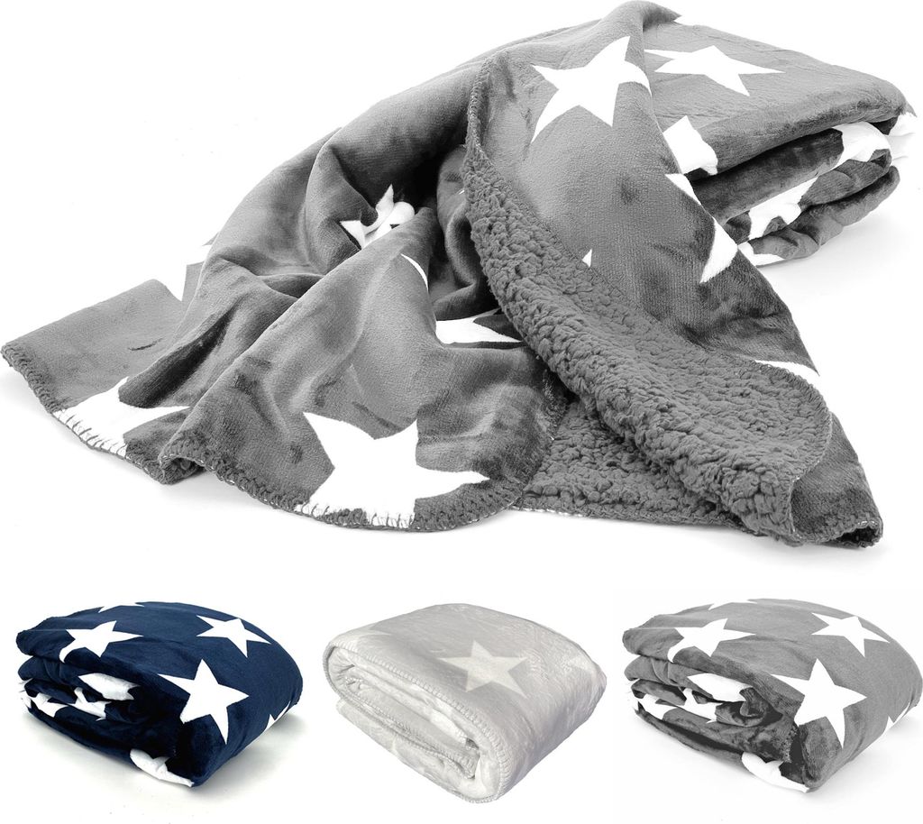 heimtexland Dicke Kuscheldecke Sterne Soft Flanell Sherpa Wohndecke warm 150x200 XL Winterdecke Typ855 Anthrazit