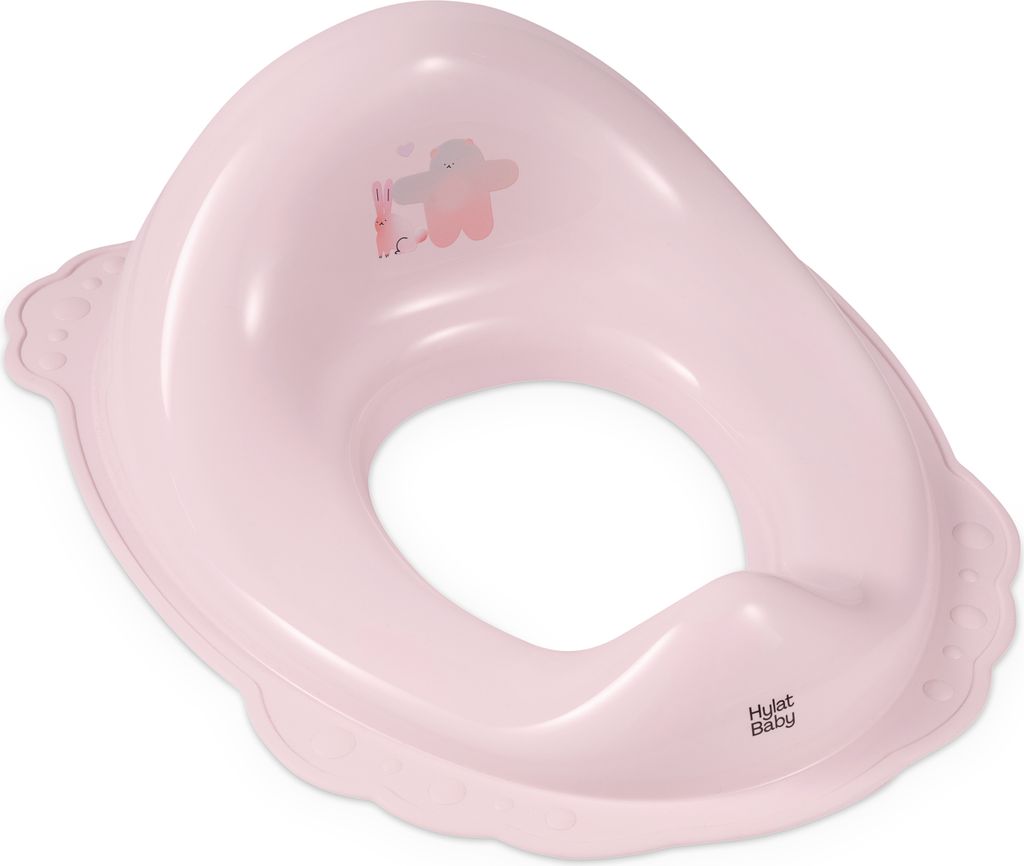 A pink baby toilet seat with a cartoon elephant and bunny illustration.
