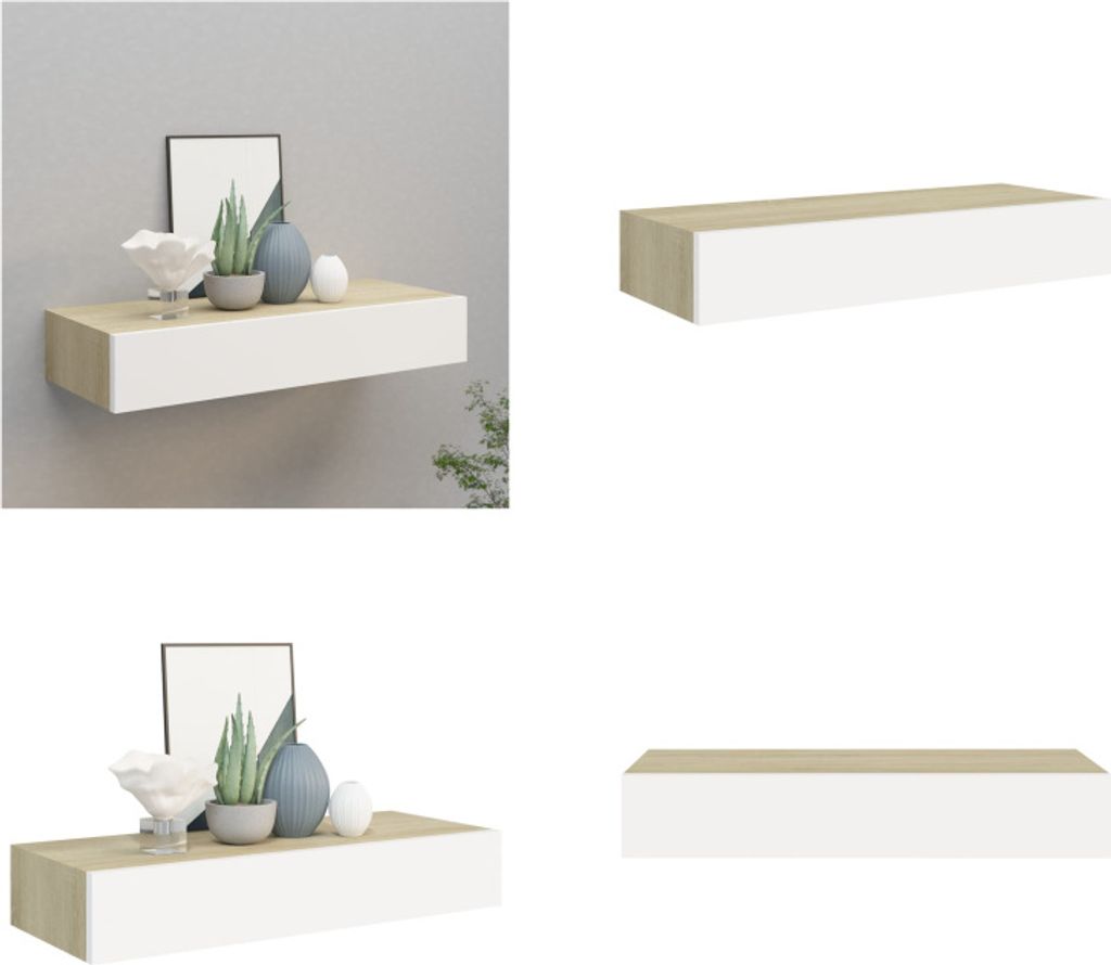 vidaXL Wandregal mit Schublade Eichen Optik und Weiß 60x23,5x10 cm MDF - Schubladenregal - Schubladenregale - Wandregal - Wandregale