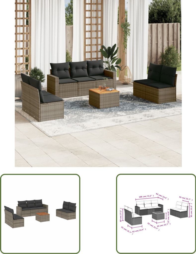 The Living Store 8-tlg. Garten-Sofagarnitur mit Kissen Grau Poly Rattan