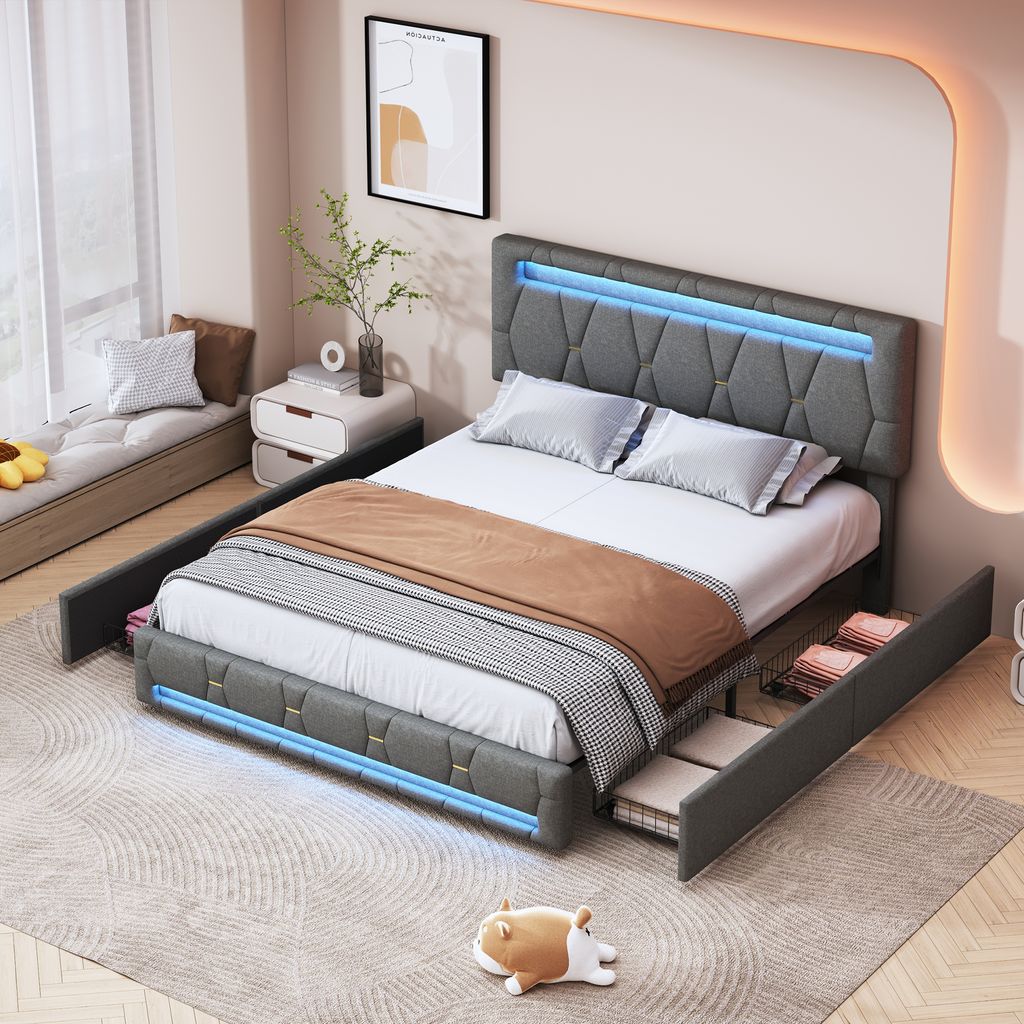 160x200 cm großes Bett mit LED-Beleuchtung und USB-Anschluss, Lattenrost, gepolstertem Bett mit 4 Schubladen und großem Stauraum, Grau