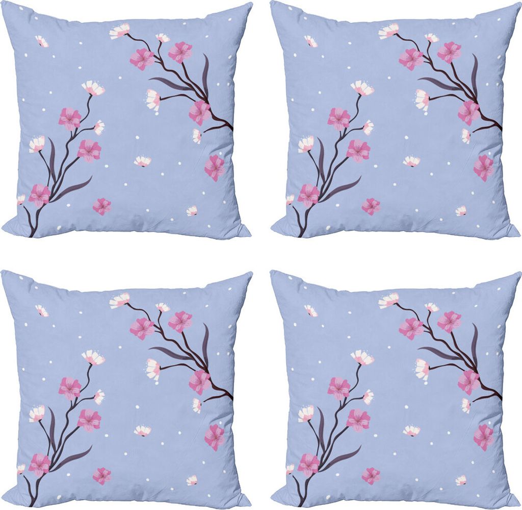 ABAKUHAUS Blau und Pink Kissenbezug Set (4 Stück), Apple-Blüten Zweig, Moderner Doppelseitiger Digitaldruck, 50 cm x 50 cm, Ceil Blau Rosa