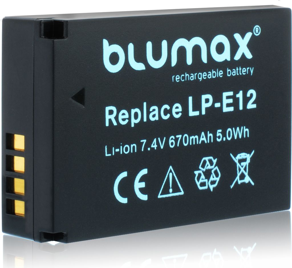 2x Blumax Akku für Canon LP-E12 EOS ,M200,M100, M50,EOS 100D 670 mAh (7,2V)