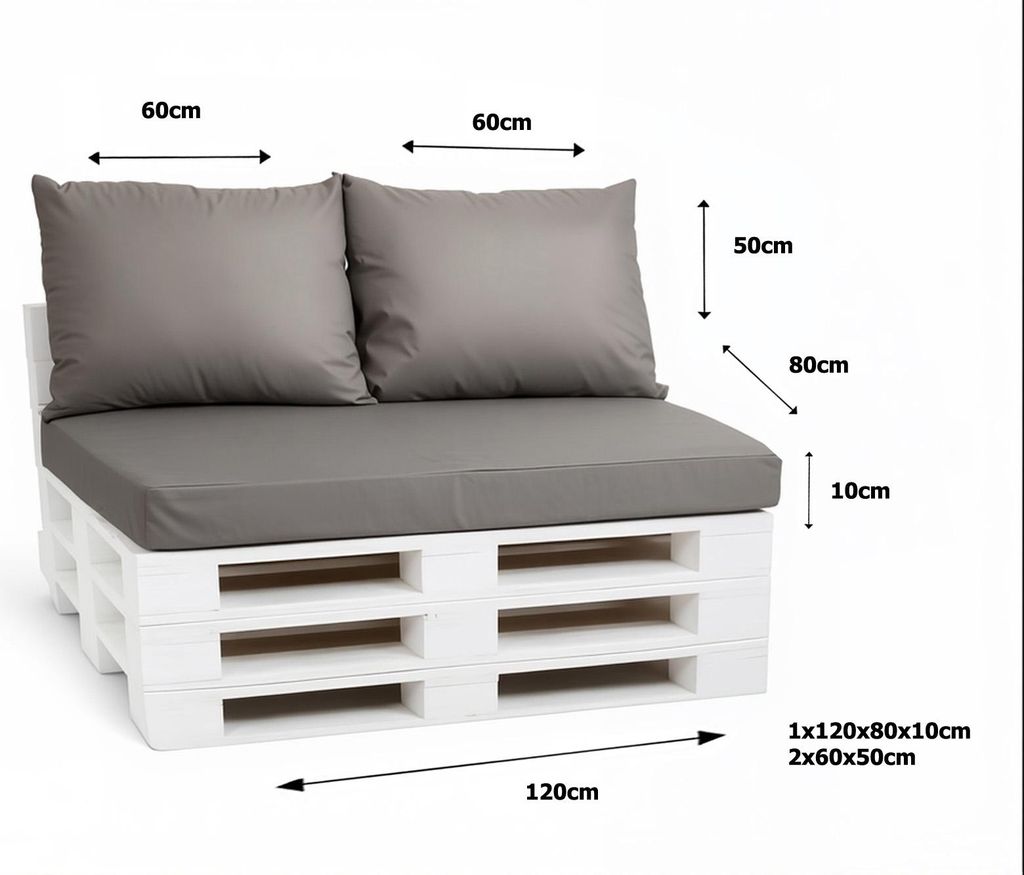 Palettenkissen Set 120 x 80 x 10 cm + 2 x 50 x 40 cm – Sitz- & Rückenkissen, abnehmbare Bezüge, Outdoor geeignet, 3-teilig,Grau