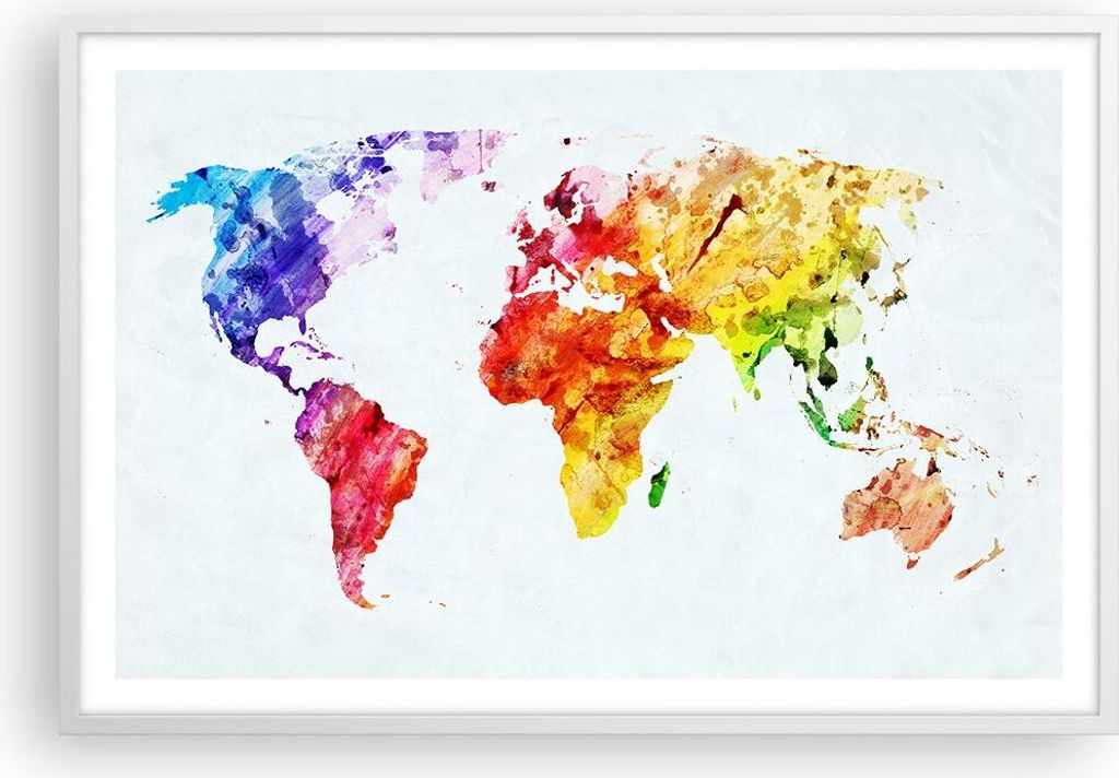 Gerahmtes Poster - Weißer Rahmen - Welt Karte Bunt Kontinente - 91,5x61 cm - Wand Bild - Wanddeko - Wandbilder - Wandposter - Bilderrahmen - Bilde...