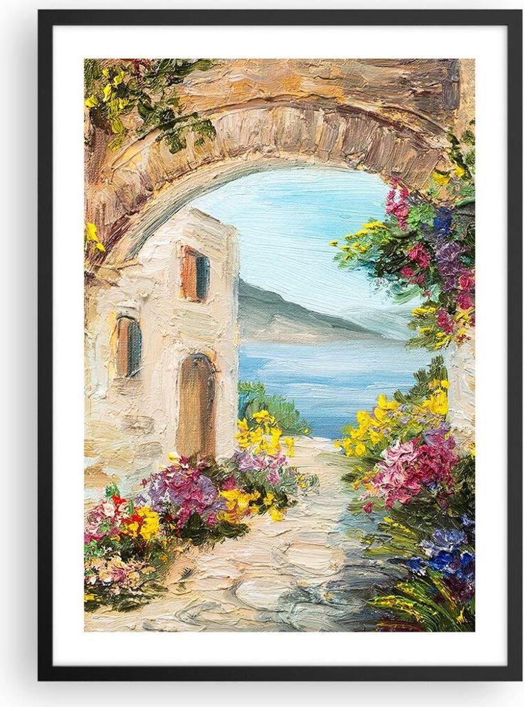 Gerahmtes Poster - Schwarzer Rahmen - Haus Santorini Blumen Produktbild 