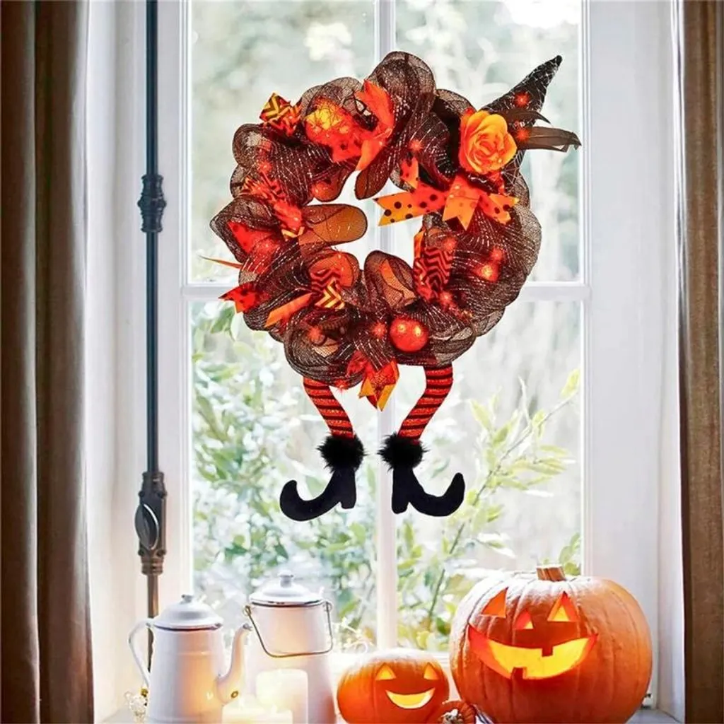 Couronne Halloween Sorcière 38cm : Déco Lumineuse sans Fil pour Porte - 2