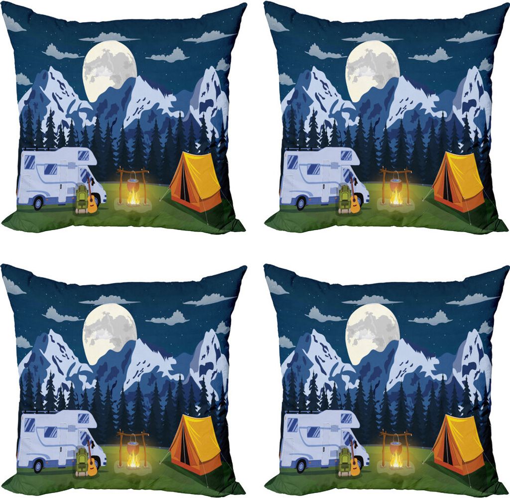ABAKUHAUS RV Kissenbezug Set (4 Stück), Camping im Wald in der Nacht, Moderner Doppelseitiger Digitaldruck, 60 cm x 60 cm, Mehrfarbig