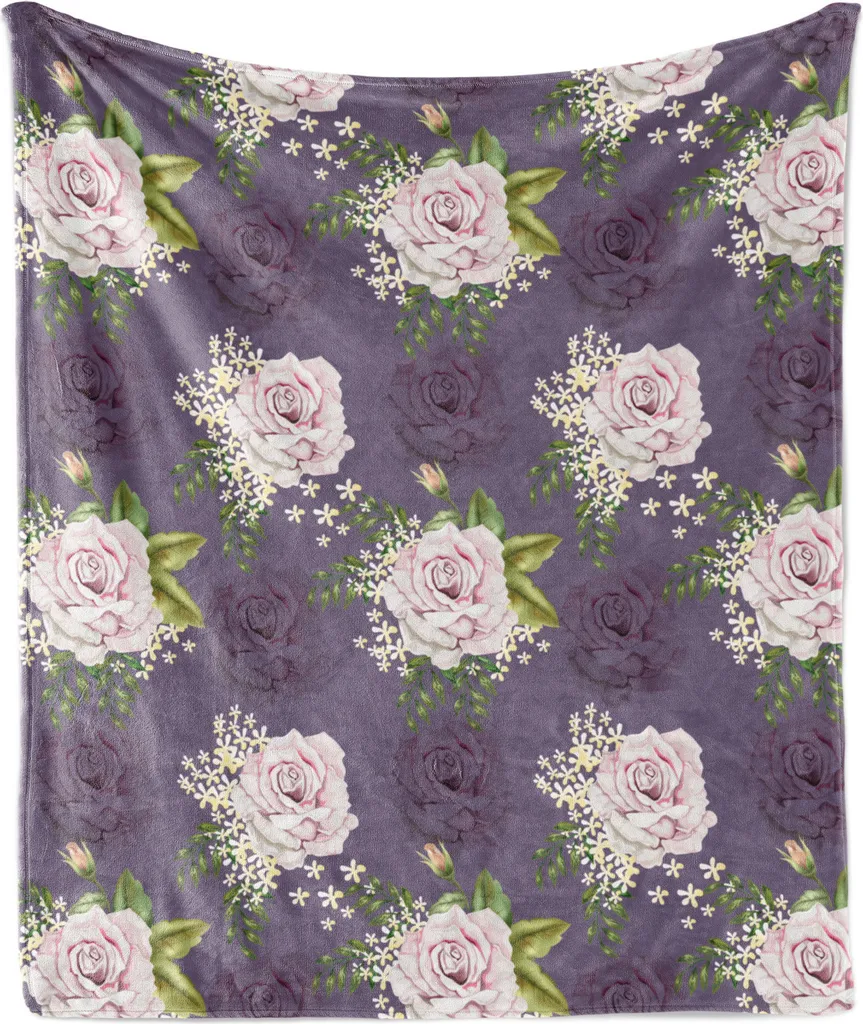 ABAKUHAUS Coperta in morbido pile di flanella naturale, motivo floreale con rose e piccoli fiori con foglie dipinti ad acquerello, 175 x 230 cm, rosa e melanzana chiaro