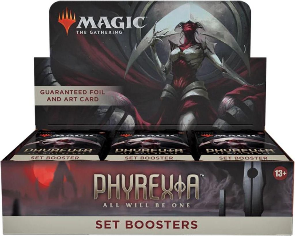 A display box of Magic: The Gathering Phyrexia: All Will Be One Set Boosters.