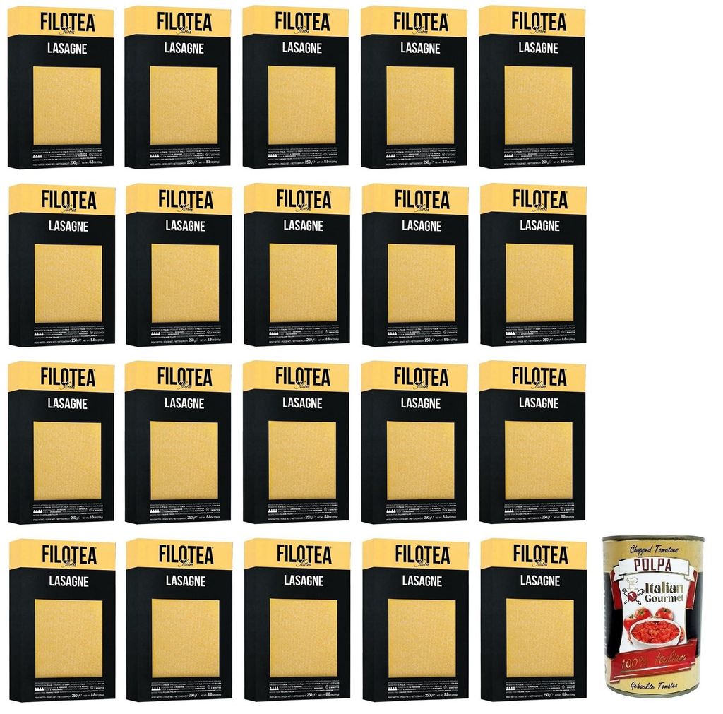 20x Filotea Lasagne Pasta all'Uovo,Eierlasagne,Eiernudeln aus italienischen Rohstoffen,Packung mit 250g + Italian Gourmet Polpa di Pomodoro 400g Dose