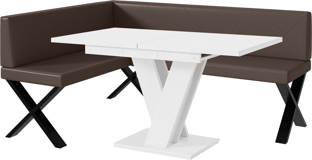 MEBLINI Eckbank für Esszimmer mit ausziehbarem Tisch - Küchenbank - Essecke - Sitzecke Küche - ERIC - X-Beine 128x168x87cm Links - Braun Kunstle...