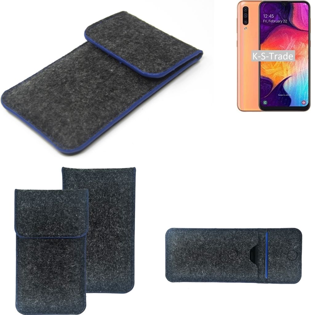 K-S-Trade Handy-Hülle Schutz-Hülle kompatibel mit Samsung Galaxy A50 Filztasche Pouch Tasche Case Sleeve Filzhülle dunkelgrau, blauer Rand