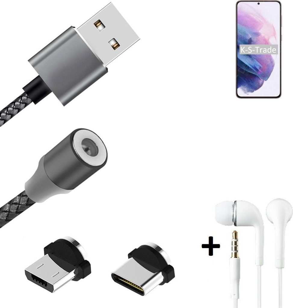 K-S-Trade Hochwertiges Magnet-Lade-kabel Sync-Kabel Daten-Kabel + Kopfhörer kompatibel mit Samsung Galaxy S21+ 5G SD888 mit USB-Typ-C-Anschluss und