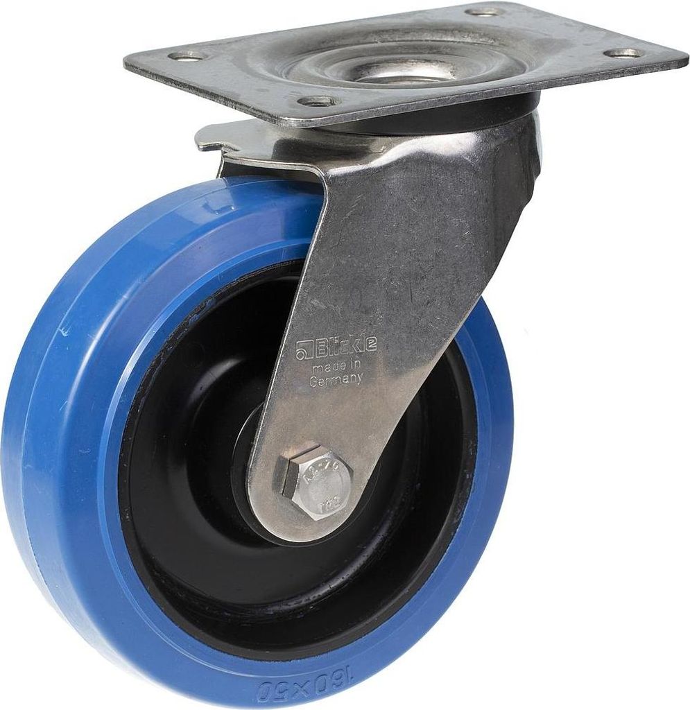 160-mm-Edelstahl-Lenkrolle mit blauem Elastikgummi auf Nylon-Mittelrad