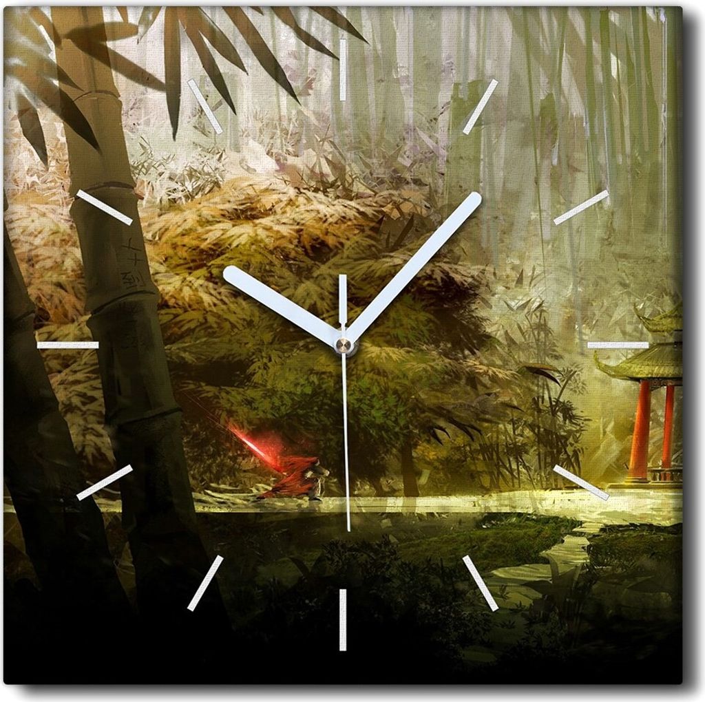 Coloray Uhr auf Leinwand 30x30 cm Wand Uhr Dekoration Wohnzimmer Segeltuch weiße Zeiger -Bambus Bush Baum.