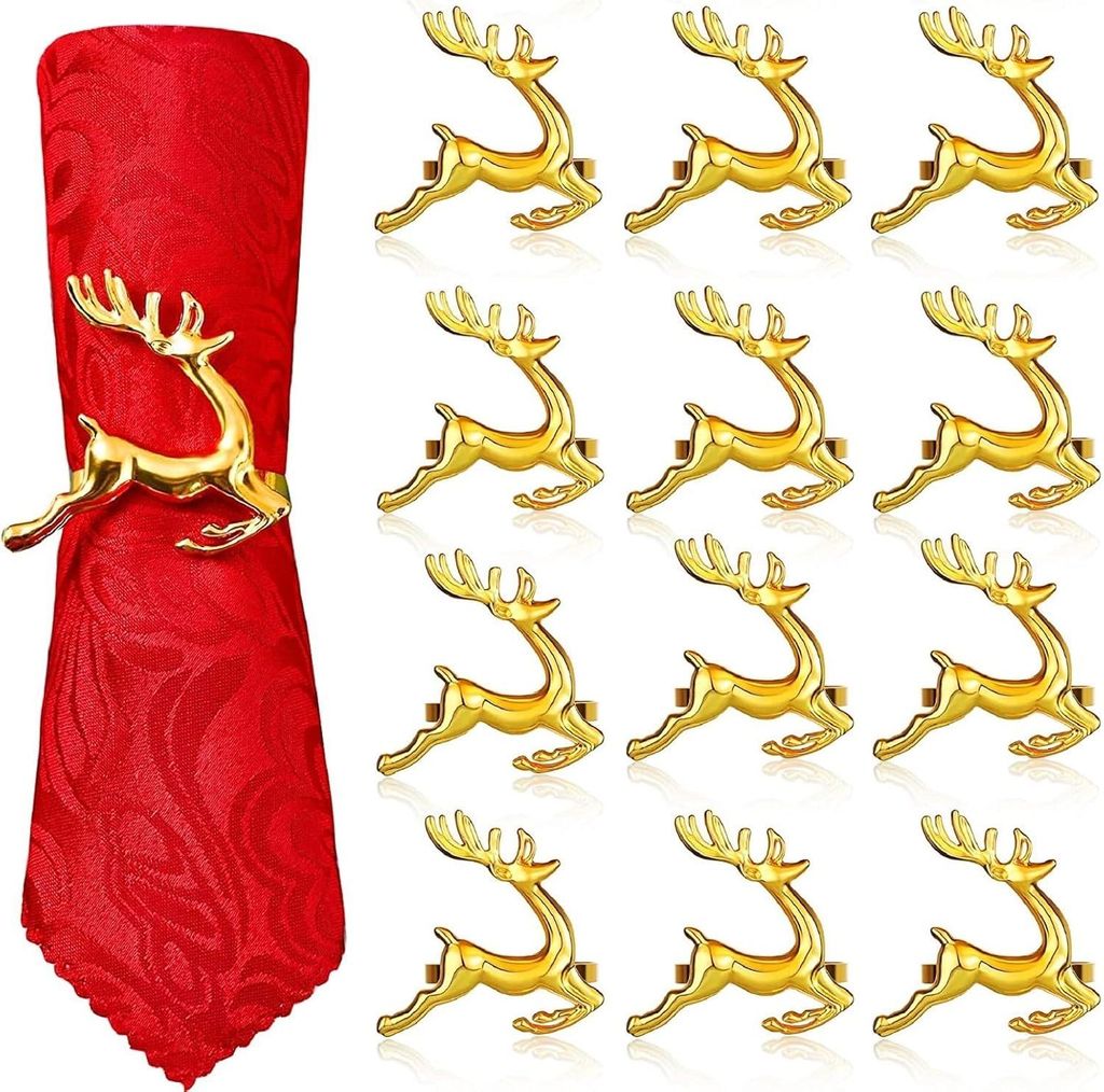 12 goldene Rentier-Serviettenringe, 6 cm, für die Weihnachtstafel, das festliche Mittagessen und Thanksgiving.