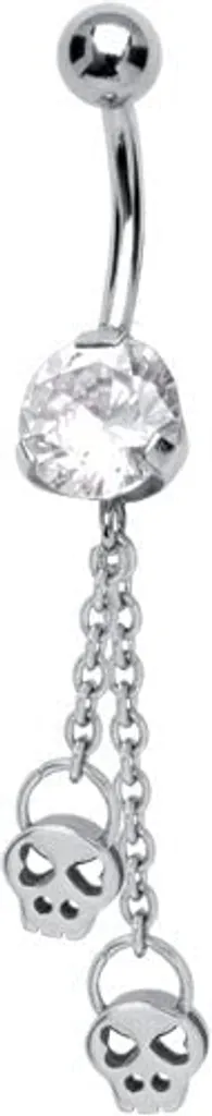 Karisma Ombelico Piercing Banana 316L Acciaio Inox Dangle 2 Teschi Pietra Zirconia Bianca Set 8mm -BBZD-12.WH