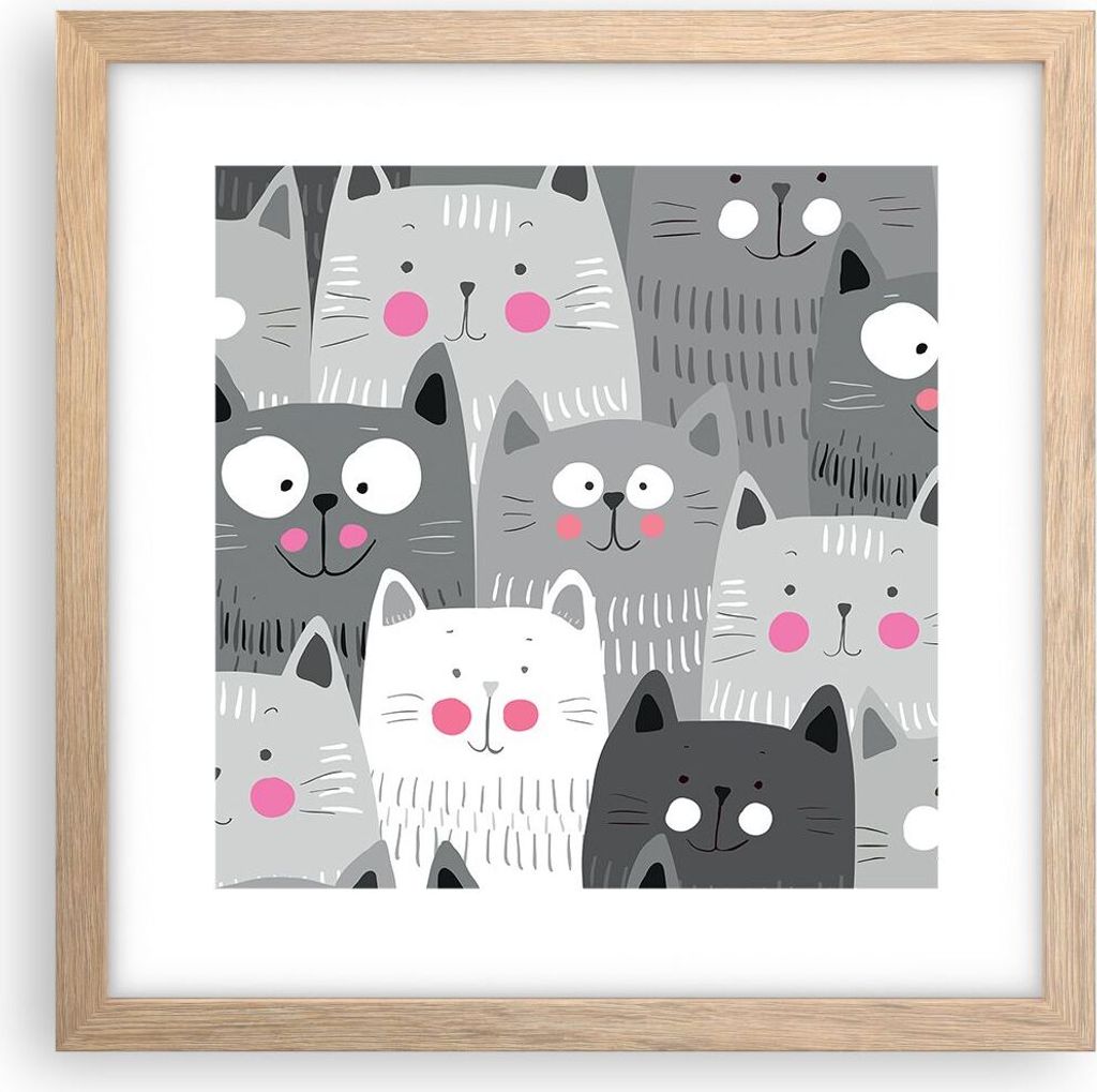 Gerahmtes Poster - Rahmen in heller Eiche - Kittys Tiere Illustration - 30x30 cm - Wand Bild - Wanddeko - Wandbilder - Wandposter - Bilderrahmen - ...