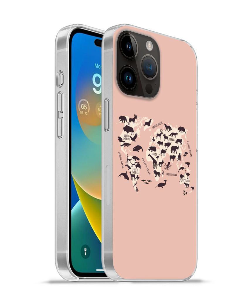 MuchoWow Handyhülle Schutzhülle Hülle für Apple iPhone 14 Pro - Softcase Weltkarte - Tiere - Scherenschnitt Silikon Softcase Handy Hülle - U...