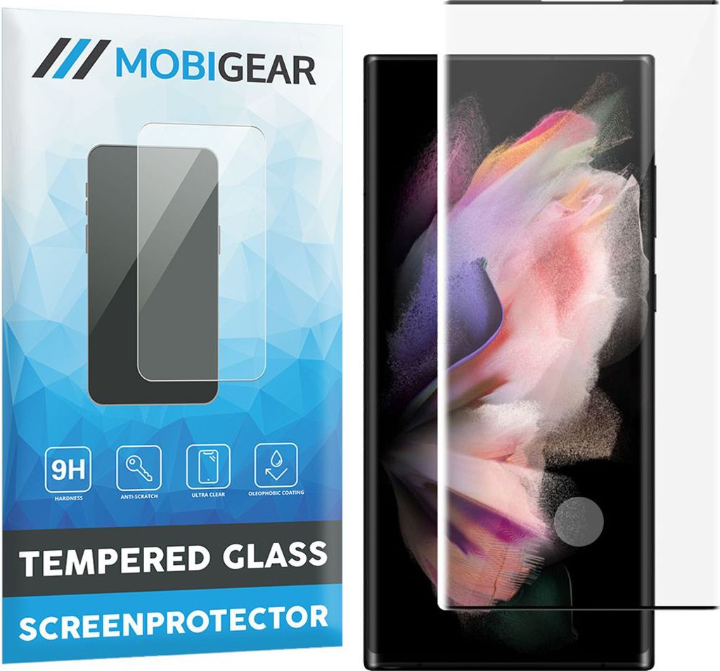 A product package for a screen protector next to a smartphone with a screen protector applied.