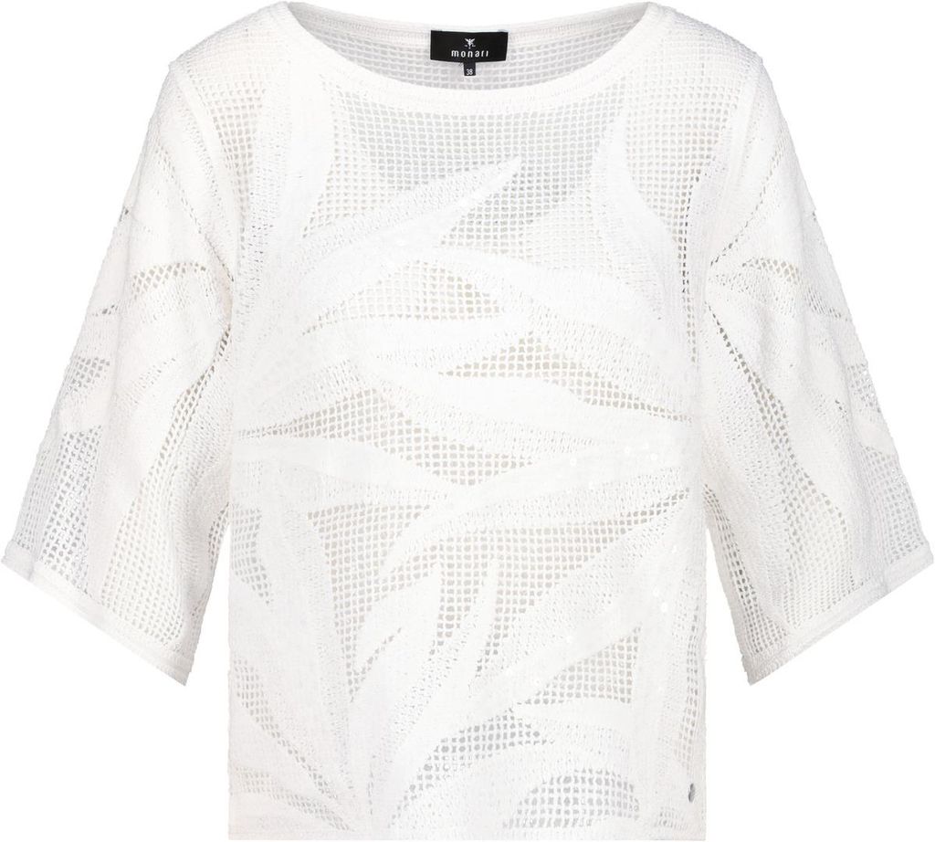 Monari Damen Pullover Creme Größe 40 mit transparentem Cornellymuster und ¾-Ärmeln