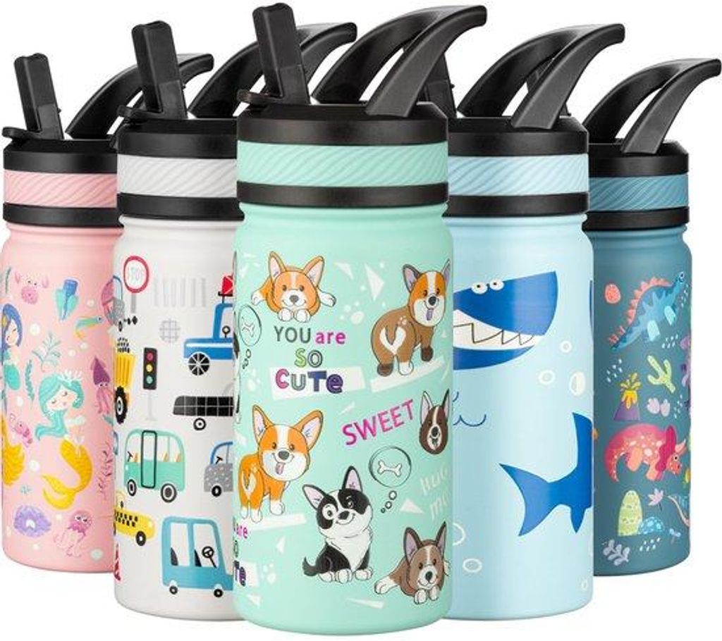 Grüne Kindertrinkflasche 420ml, Edelstahl, riet, lekvrij, BPA-frei