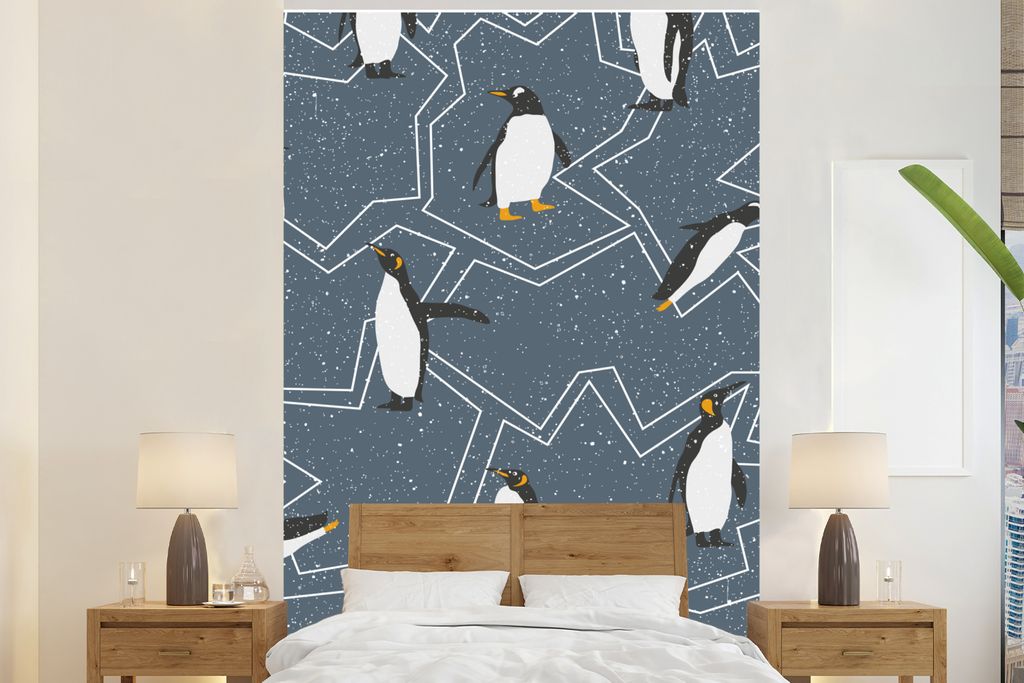 MuchoWow Fototapete für Wohnzimmer oder Schlafzimmer Wandtapete Vinyl Motivtapete Pinguin - Muster - Schnee - 155x240 cm - Tapete