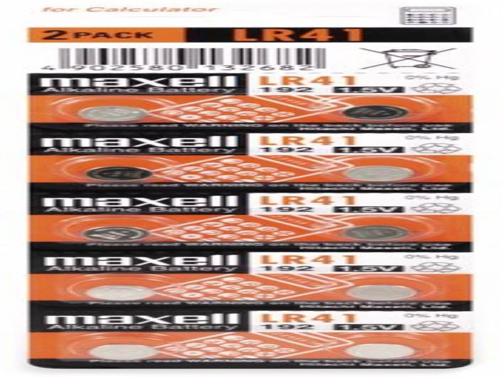 A retail package of Maxell LR41 alkaline button cell batteries.