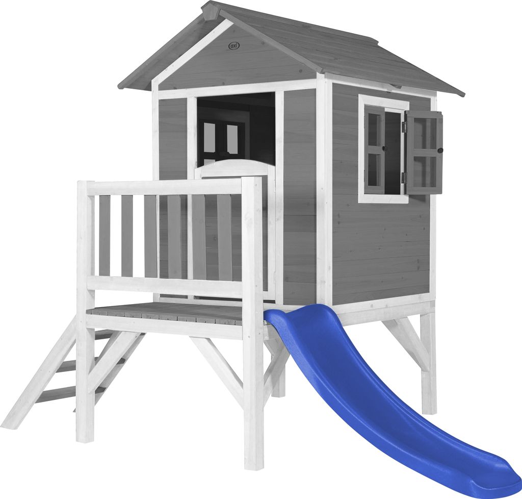 AXI Spielhaus Beach Lodge XL in Grau mit Rutsche in Blau | Stelzenhaus aus Holz für Kinder | Kleiner Spielturm für den Garten