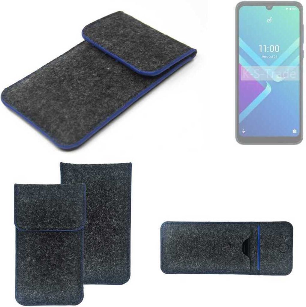 K-S-Trade Handy-Hülle Schutz-Hülle kompatibel mit Wiko Y82 Filztasche Pouch Tasche Case Sleeve Filzhülle dunkelgrau, blauer Rand