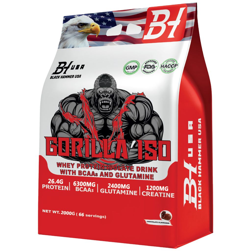 Gorilla ISO Whey Protein 2 kg – Schokolade | 26,4 g Protein | BCAA, Glutamin, Creatin | Muskelaufbau & Recovery | Black Hammer USA