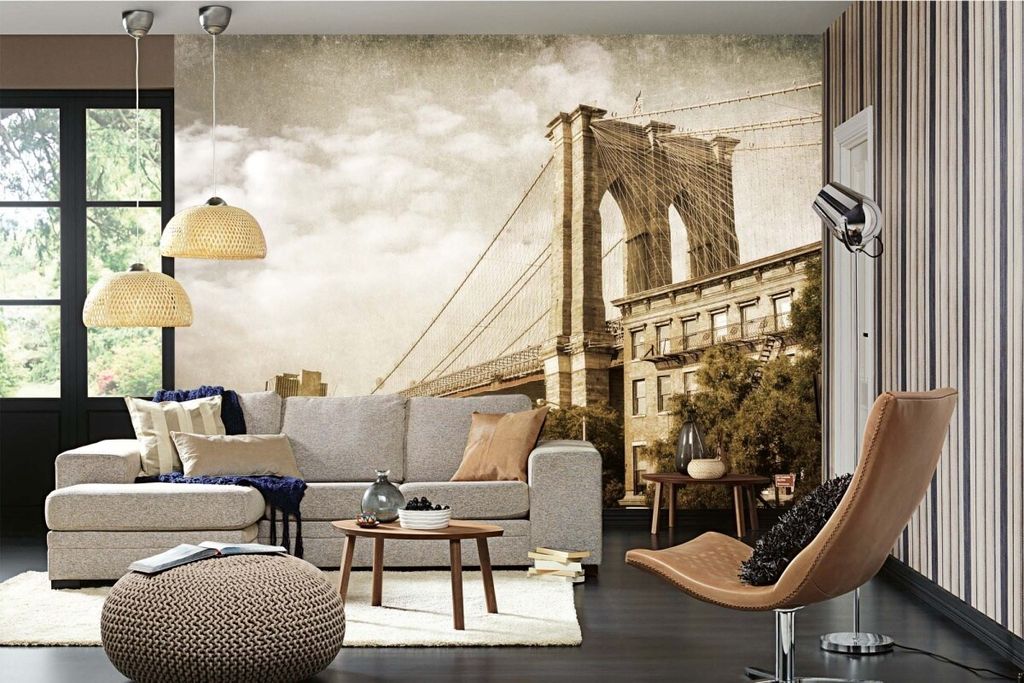Vlies Fototapete BROOKLYN BRIDGE IM VINTAGE-STIL 375 x 250 cm (inkl. Kleister) - Vlies Tapete, Wandtapete, Wandbilder - Tapete für Wohnzimmer Schl...