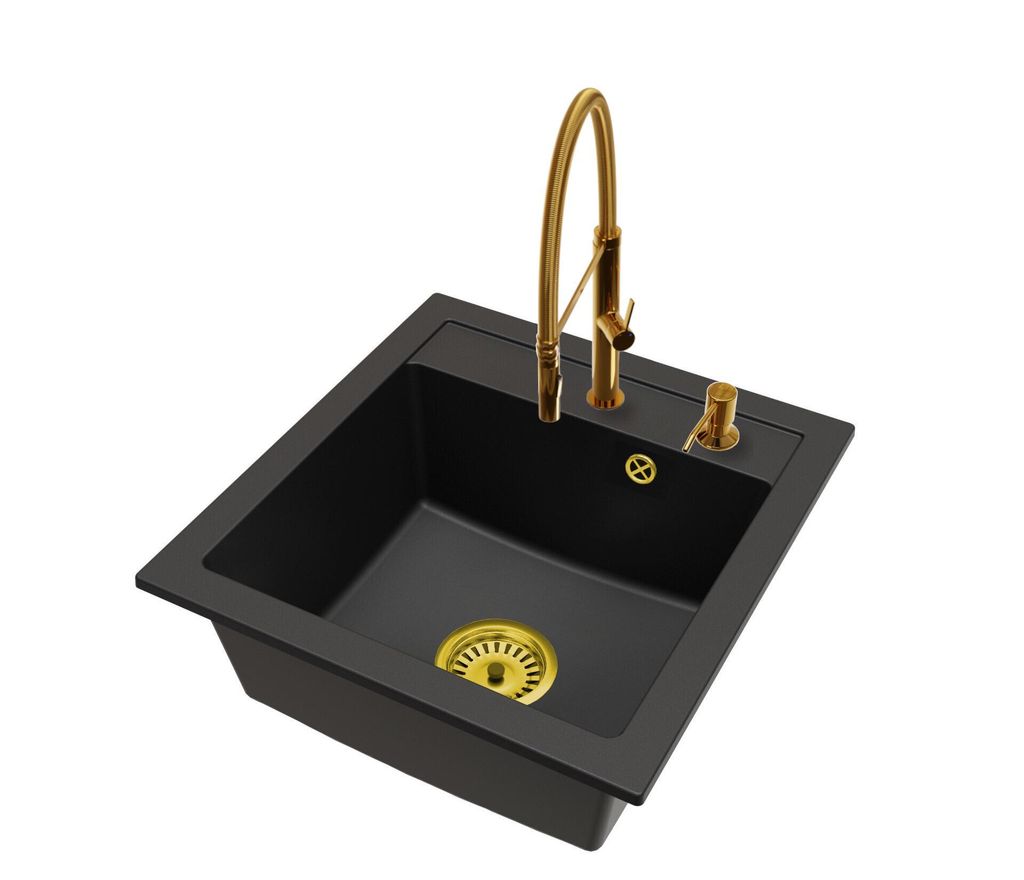 Granitspüle Küchenspüle 1 Becken mit FULL Armatur Gold, Siphon Gold und Seifenspender