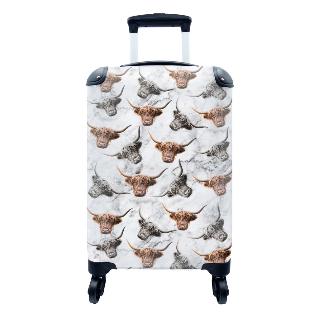 MuchoWow Koffer Handgepäck Trolley Rollkoffer Kleine Reisekoffer mit 4 Rollen - Schottischer Highlander - Marmor - Muster - Cabin Size < 55x40x2...
