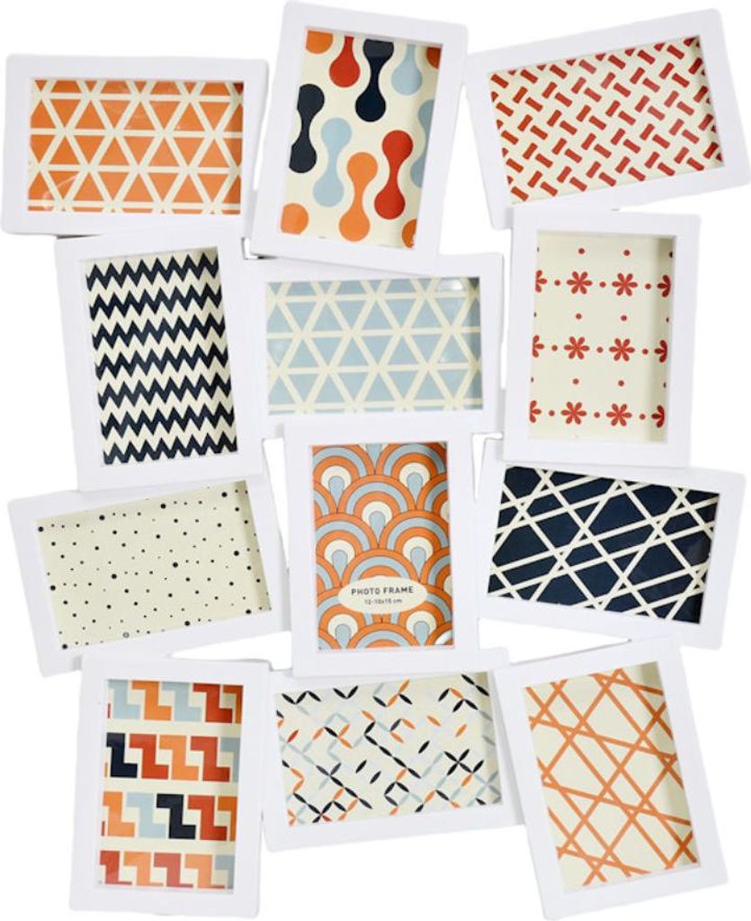 Collage Bilderrahmen für 12 Fotos 10x15 cm und 15x10 cm Weiß 47 x 61 x 2,3 cm Kunststoff 3D-Look Wandaufhängung Hoch- oder Querformat mit Schutz...