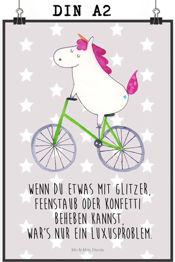 Mr. & Mrs. Panda Bild Einhorn Radfahrer DIN A2 - Grau Pastell - Geschenk, Plakat, Kunstdruck, typografie poster, Unicorn, drucke, Radfahren, wandde...