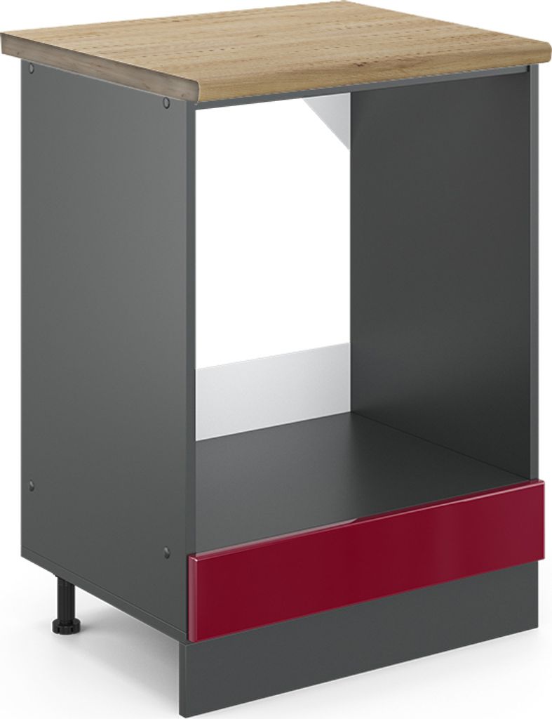 Herdumbauschrank Vicco R-Line Rot Hochglanz 60 cm , AP Eiche, Model 45370