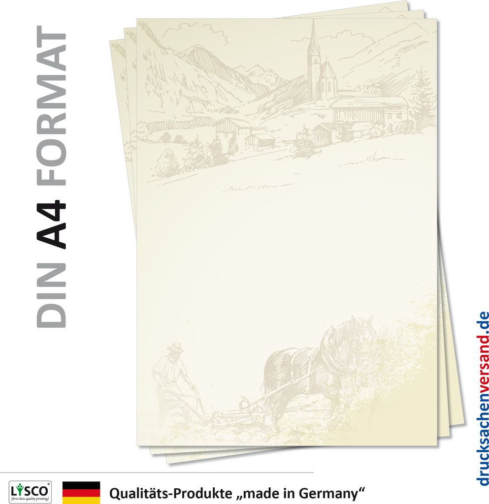 Motiv Briefpapier (Dorf-5129, DIN A4, 25 Blatt) Dorfzeichnung Malerei Bauernhof Motivpapier Bauer Feld Acker Pferde pflügen Kirche Häuser Zeichnu...